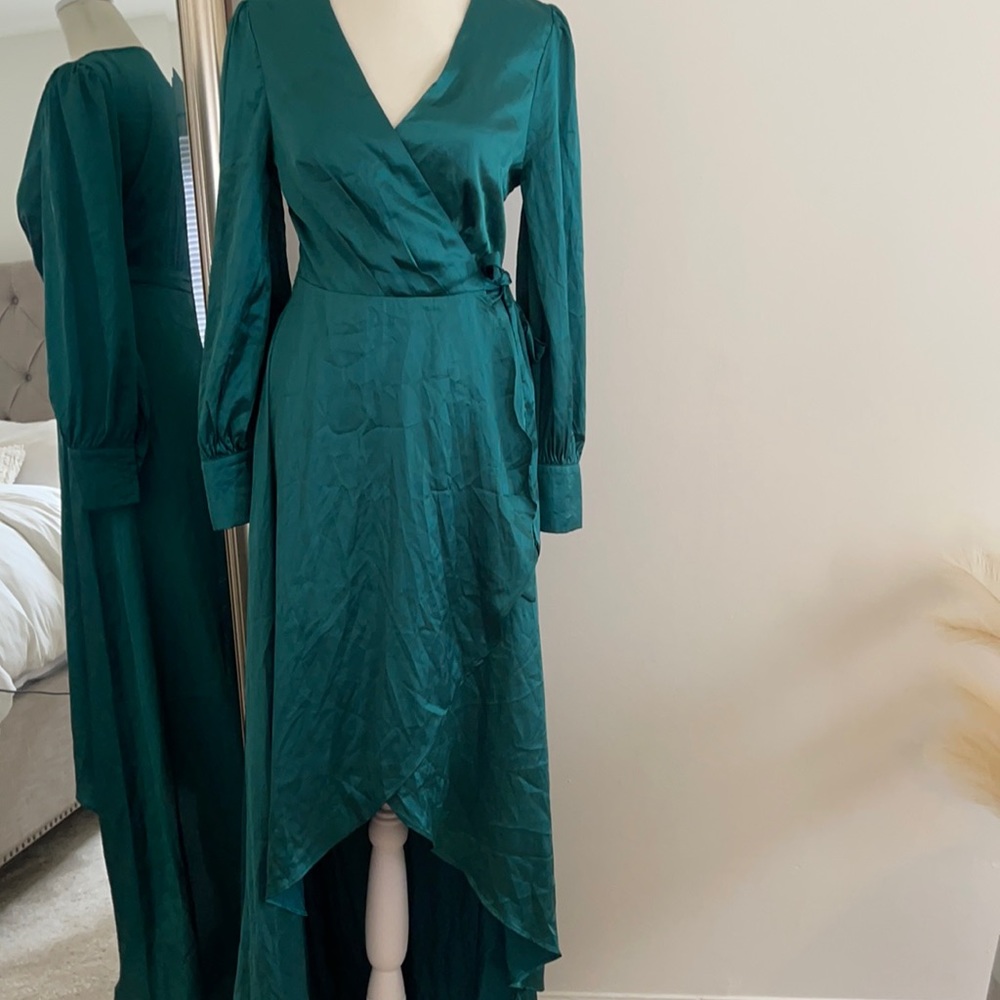 Flowy Forest Green Satin High Low Maxi Dress.